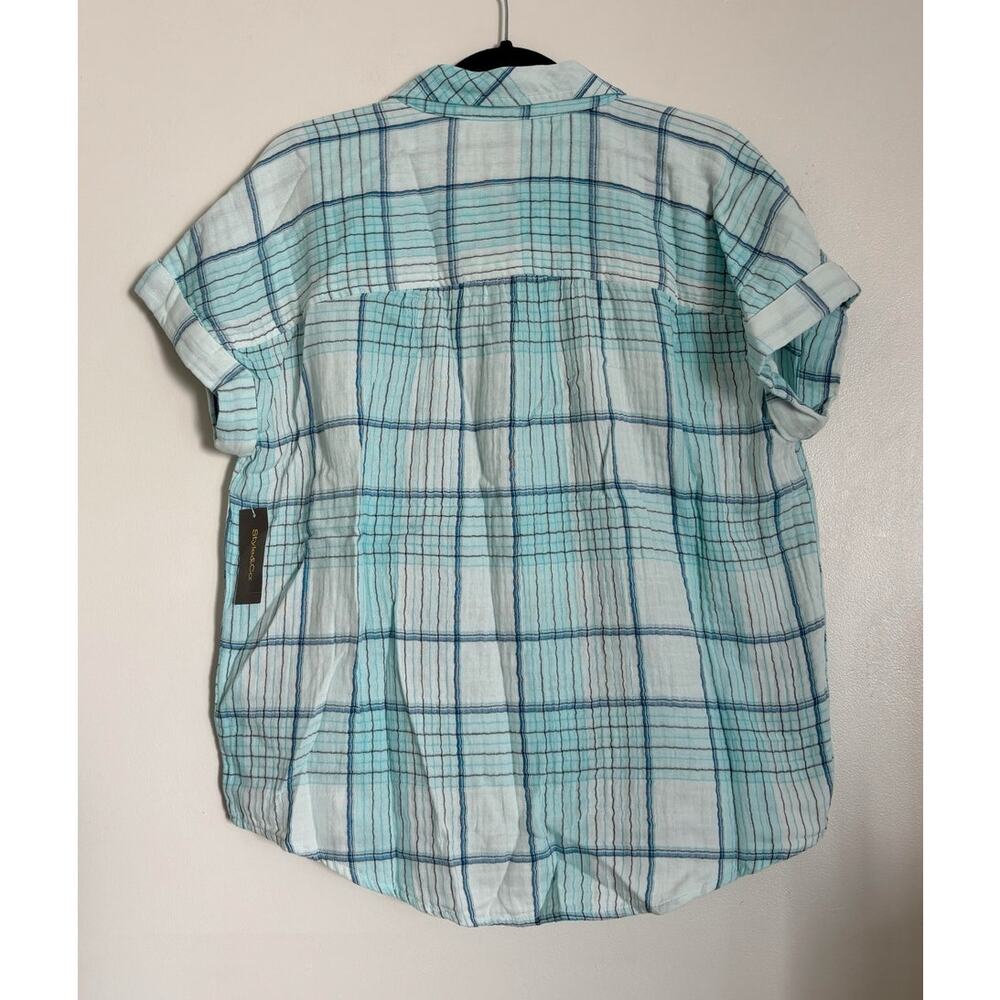 Light Blue Style & Co. Plaid Cotton Gauze Camp Shirt M - Picture 3 of 4
